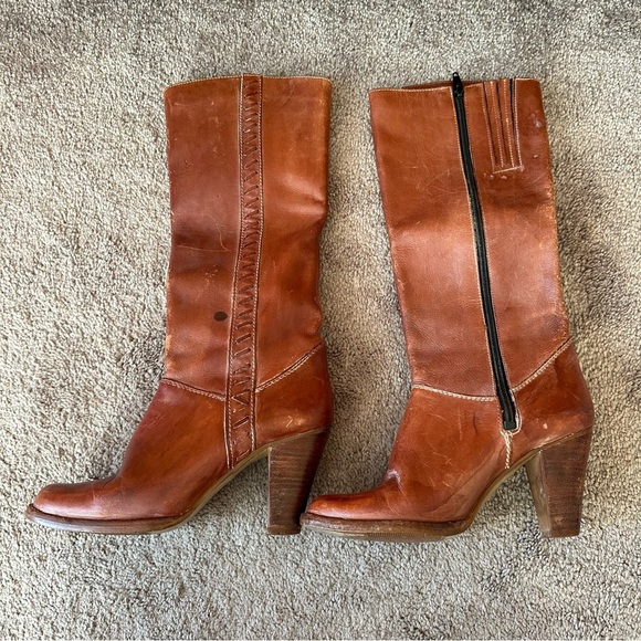 1970s Vintage Cognac Leather Tall Boots Stacked Heel Zip Size 7B - Picture 2 of 11